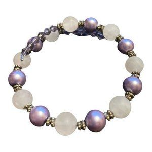 Genuine Rose Quartz and Glass Pearl Memory Wire Bracelet